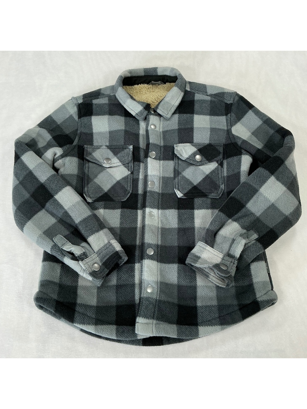 Eddie Bauer Kids 10/12 Sherpa Lined Plaid Fleece Shirt Jacket Gray Black